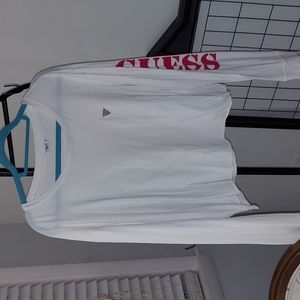 GUESS White L/S Logo Crew neck Shirt Top Sz M